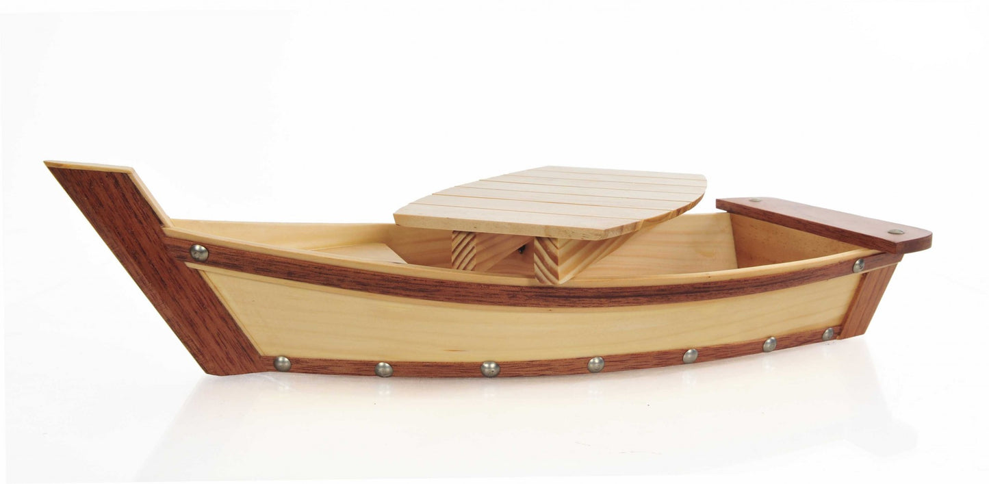 17" Natural and Brown Wood Sushi Boat Serving Tray - FurniFindUSA