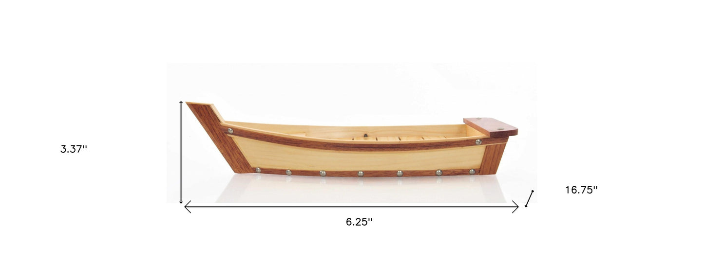 17" Natural and Brown Wood Sushi Boat Serving Tray - FurniFindUSA