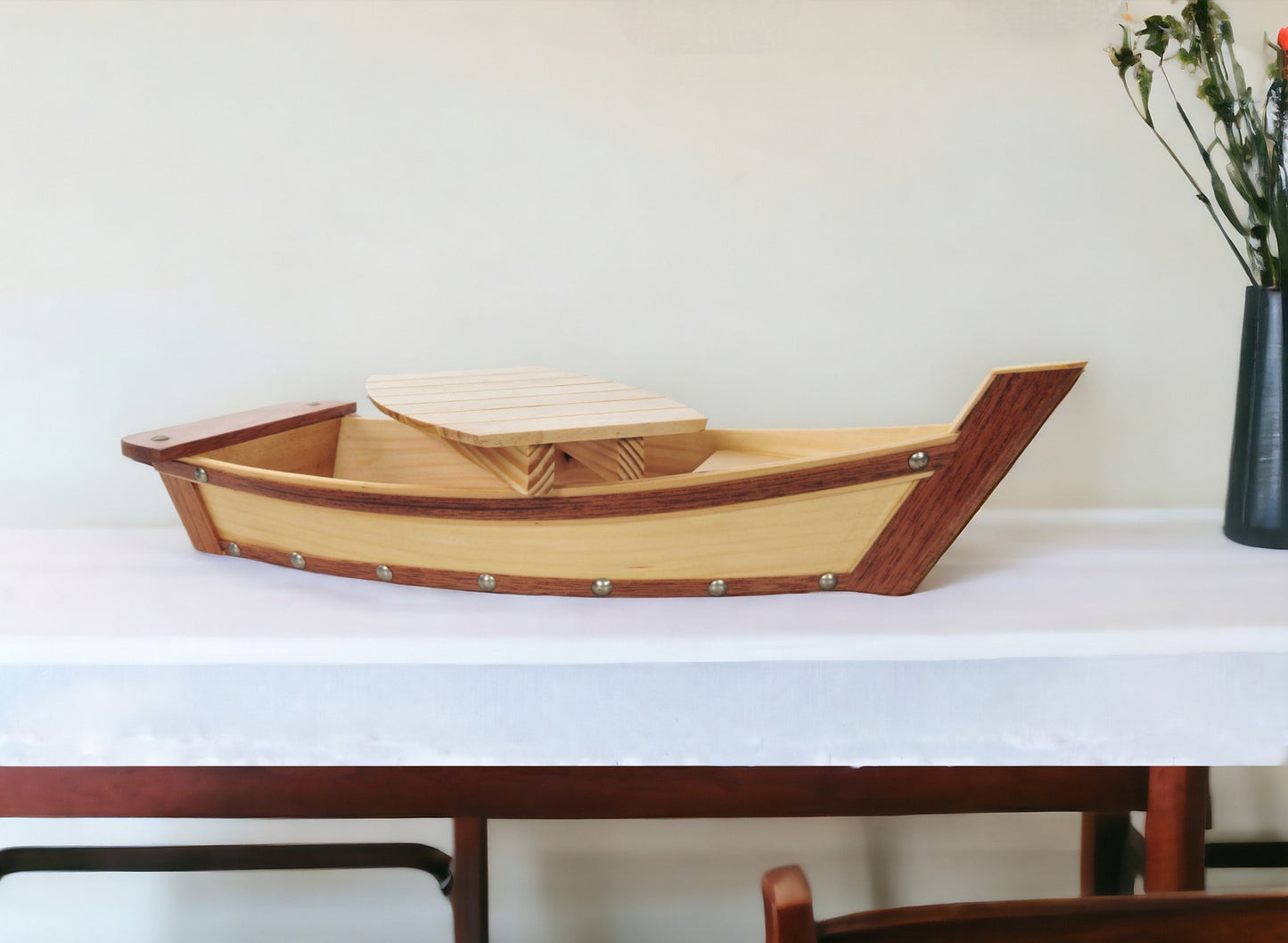 17" Natural and Brown Wood Sushi Boat Serving Tray - FurniFindUSA