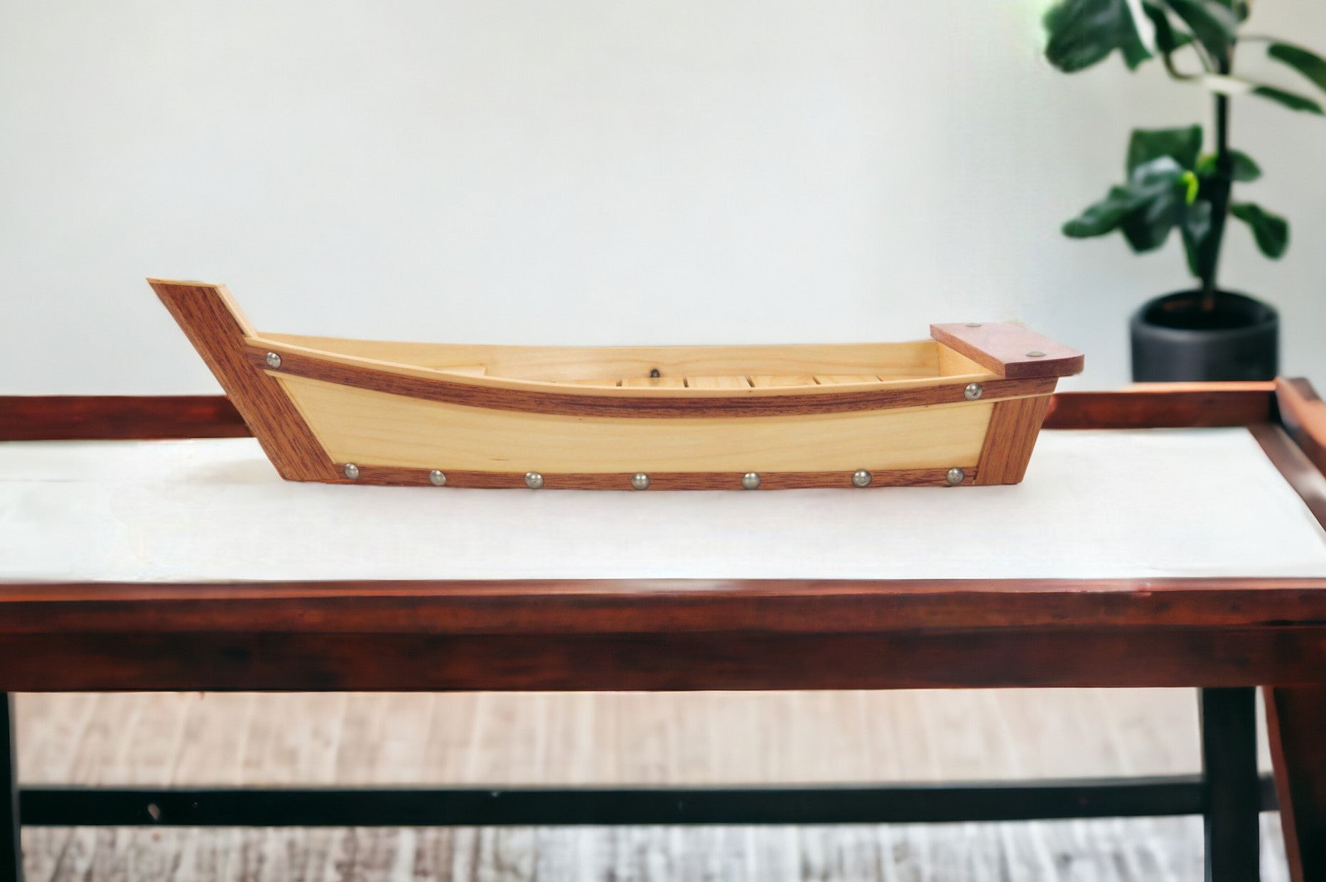 17" Natural and Brown Wood Sushi Boat Serving Tray - FurniFindUSA