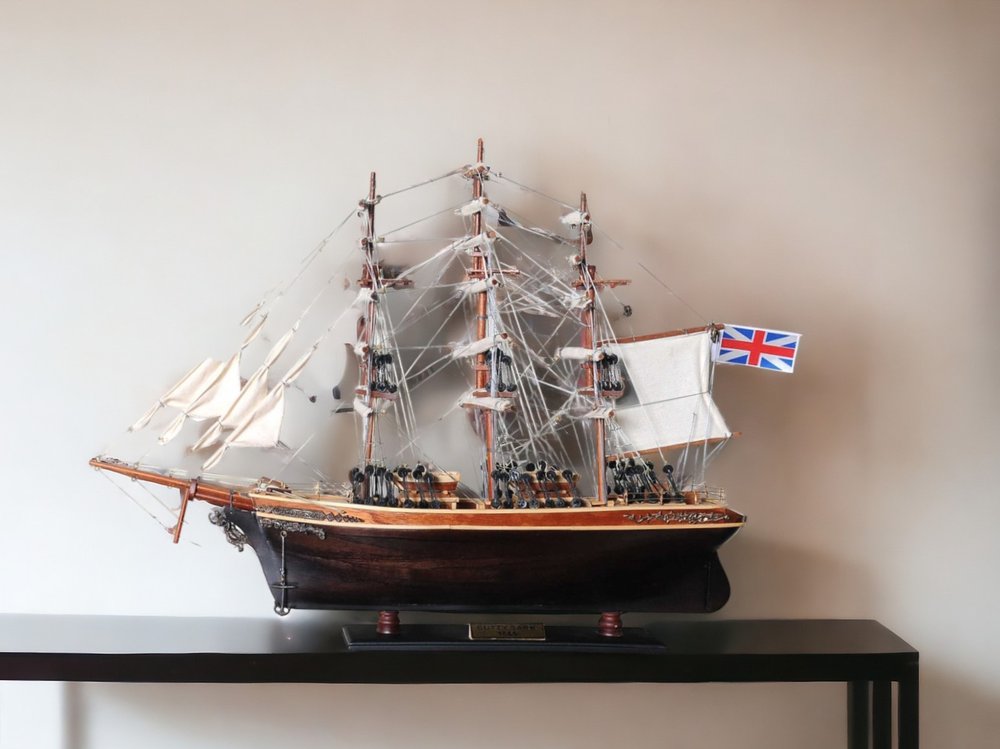 17" Brown Wood and Metal Hand Painted Cutty Sark Model Boat Tabletop Sculpture HomeRoots