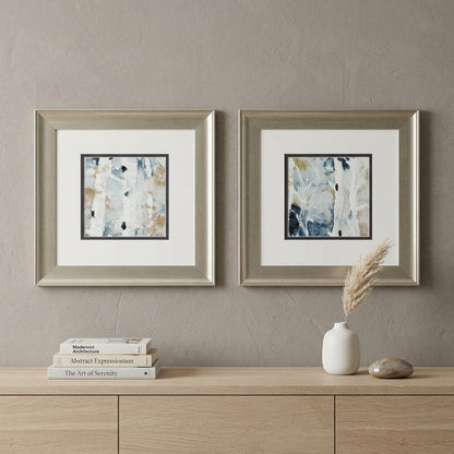 Set of Two Blue Watercolor Brushed Silver Framed Wall Art