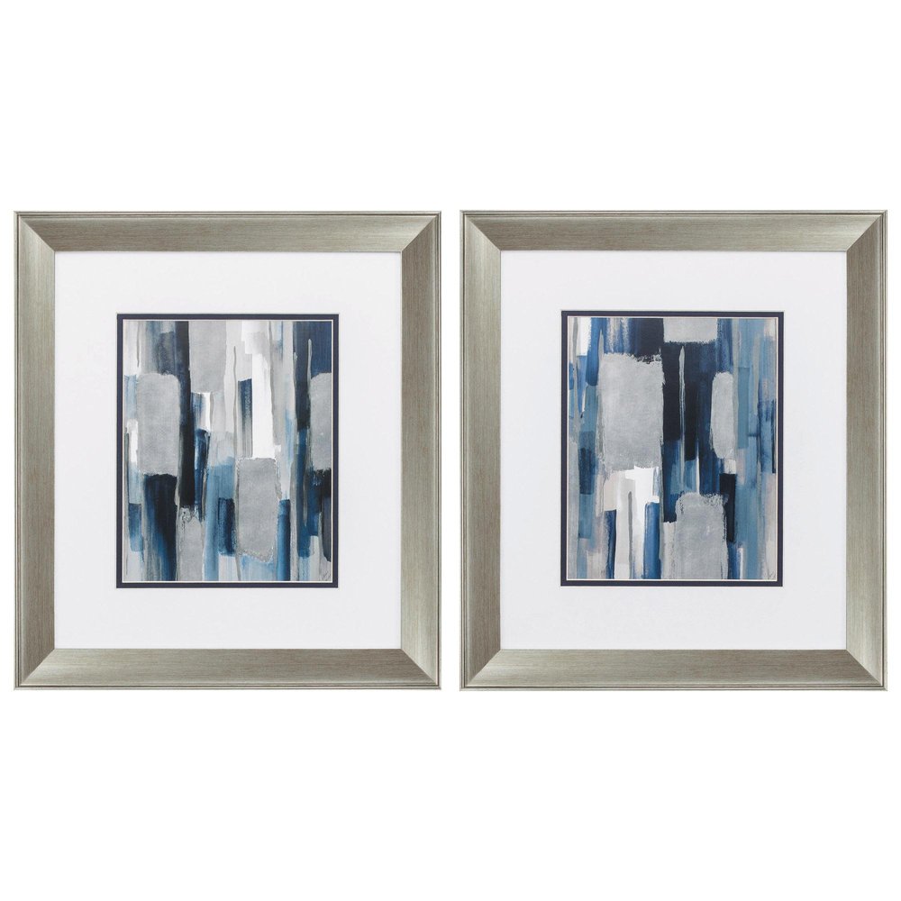 Set of Two Modern Blue Abstract Silver Framed Art — view 1