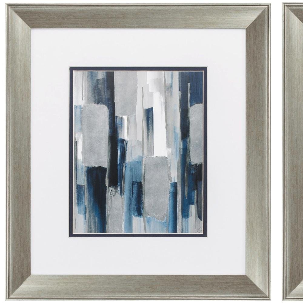 Set of Two Modern Blue Abstract Silver Framed Art — view 3