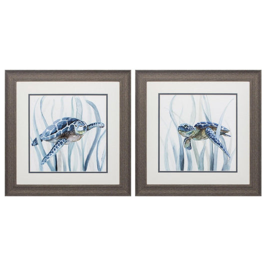 19" X 19" Distressed Wood Toned Frame Turtle In Grass (Set Of 2)