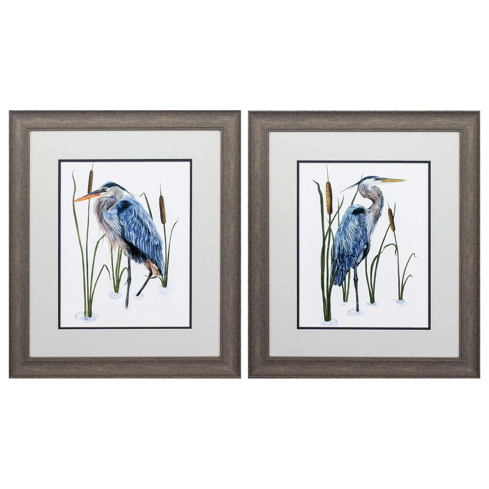 Set of Two 22" X 19" Blue Heron Distressed Brown Framed Wall Decor — view 1