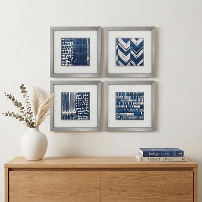 21" X 21" Silver Frame Indigo Batik Set Of 4