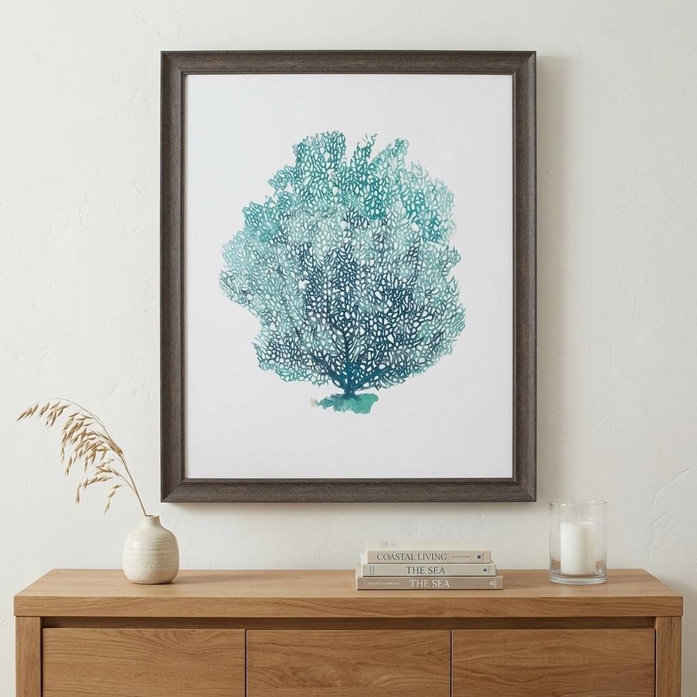 27" X 33" Distressed Wood Toned Frame Aqua Coral On White I — view 6