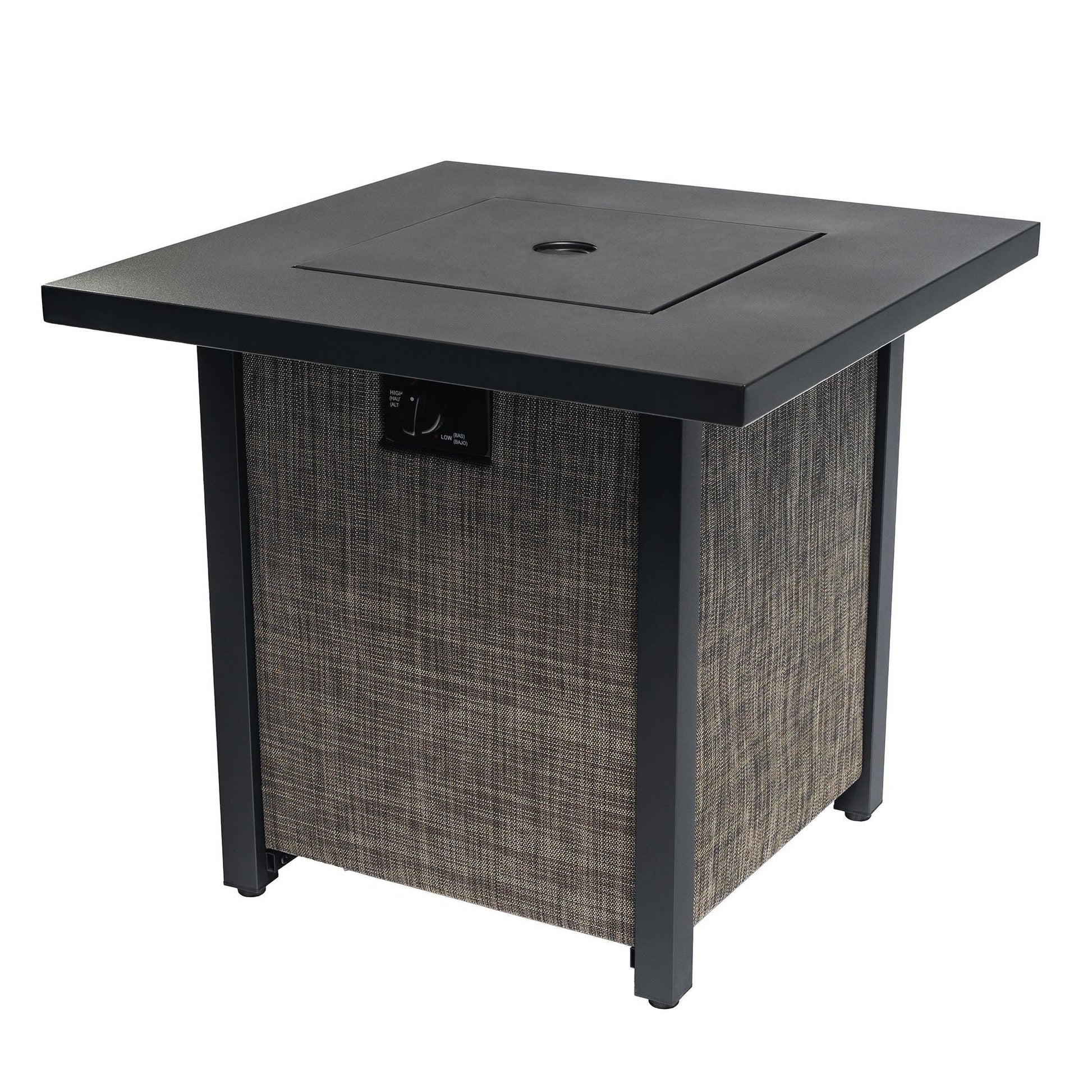 40000BTU Square Propane Fire Pit Table Steel Tabletop with Textilene Side Panel Steel Lid and Rocks - FurniFindUSA