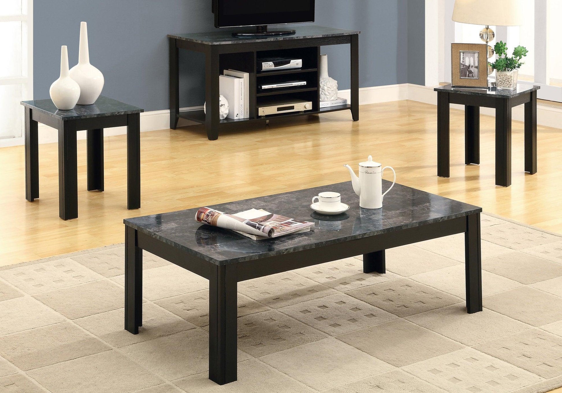 Black Grey Marble-Look Top Table Set - 3Pcs Set - FurniFindUSA