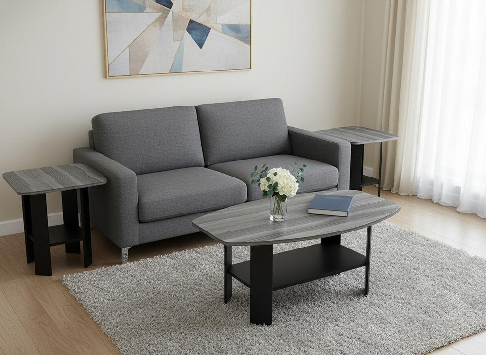 Set of Three 36" Gray And Black Wood Coffee Table With Shelf HomeRoots