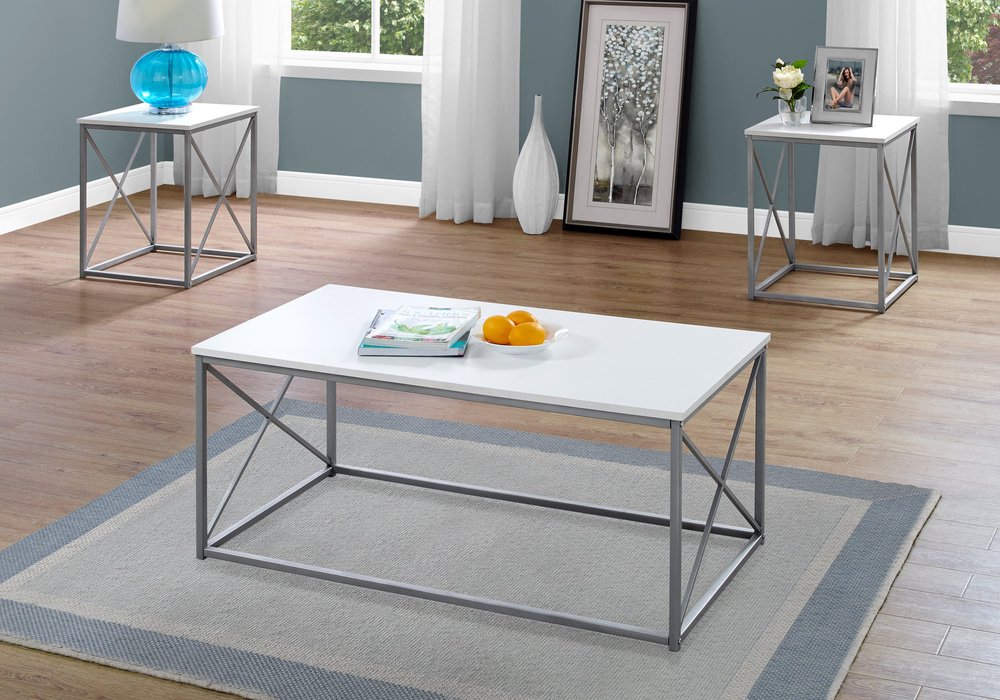 Set of Three 42" White And Silver Metal Coffee Table HomeRoots