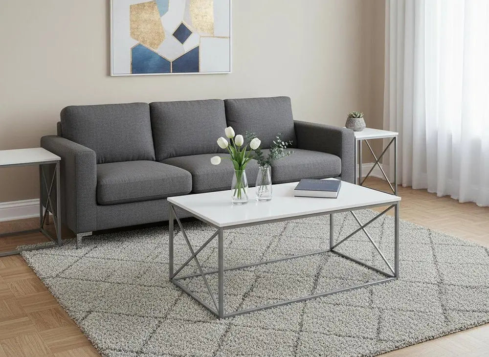 Set of Three 42" White And Silver Metal Coffee Table HomeRoots