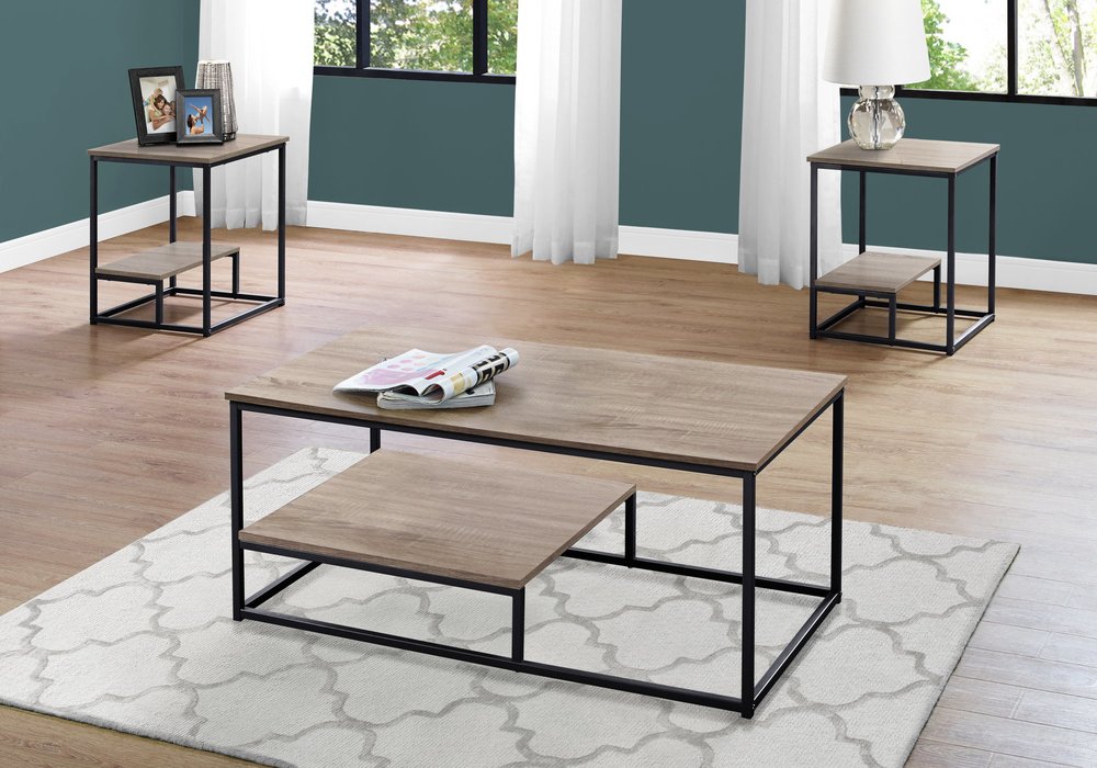 Set of Three 42" Taupe And Black Metal Coffee Table With Shelf HomeRoots