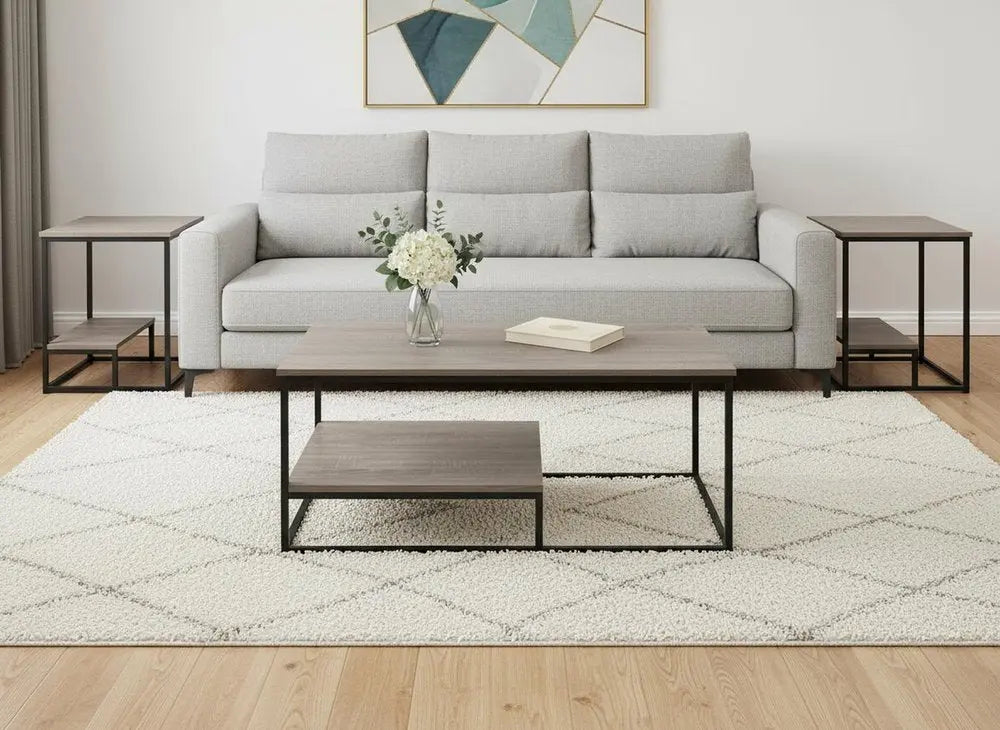 Set of Three 42" Taupe And Black Metal Coffee Table With Shelf HomeRoots