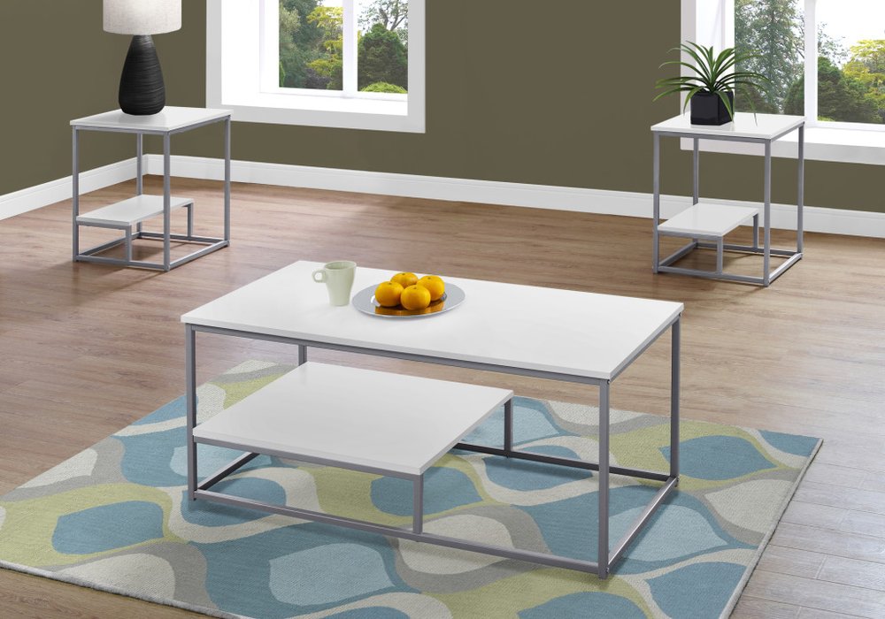 Set of Three 42" White And Silver Metal Coffee Table With Shelf HomeRoots