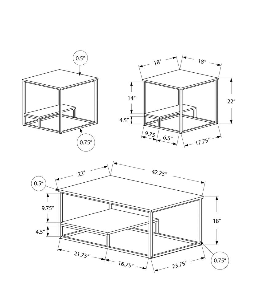 Set of Three 42" White And Silver Metal Coffee Table With Shelf HomeRoots