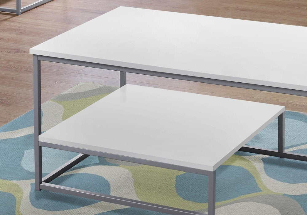 Set of Three 42" White And Silver Metal Coffee Table With Shelf HomeRoots