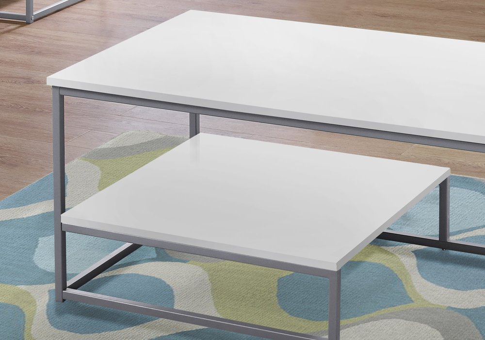 Set of Three 42" White And Silver Metal Coffee Table With Shelf HomeRoots