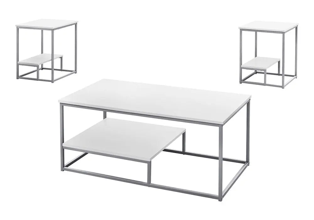 Set of Three 42" White And Silver Metal Coffee Table With Shelf HomeRoots