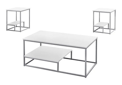 Set of Three 42" White And Silver Metal Coffee Table With Shelf HomeRoots