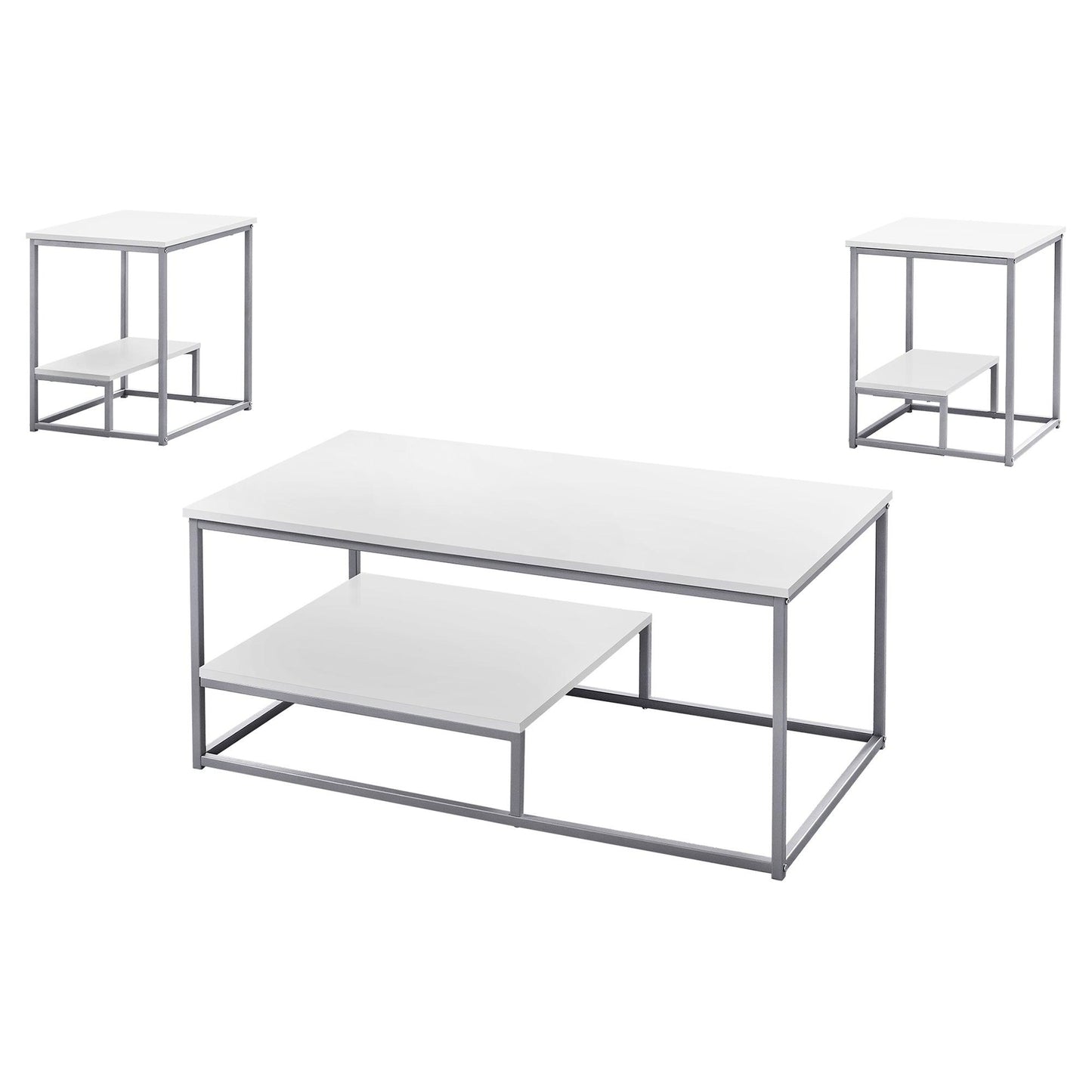 White Silver Metal Table Set - 3Pcs Set - FurniFindUSA