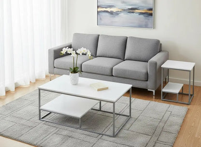 Set of Three 42" White And Silver Metal Coffee Table With Shelf HomeRoots