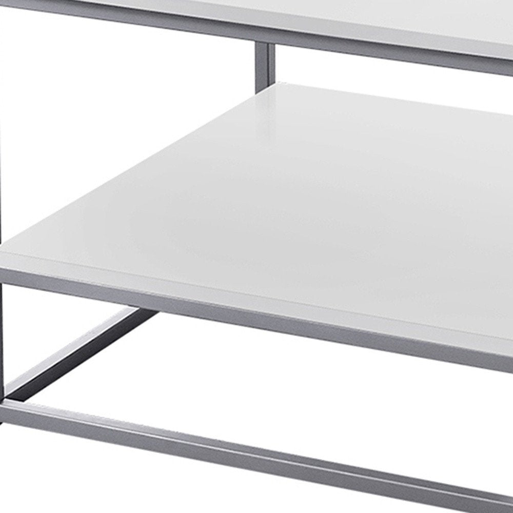 Set of Three 42" White And Silver Metal Coffee Table With Shelf HomeRoots