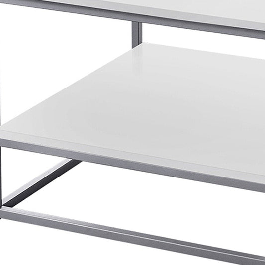 Set of Three 42" White And Silver Metal Coffee Table With Shelf HomeRoots