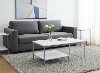 Set of Three 42" White And Silver Metal Coffee Table With Shelf HomeRoots