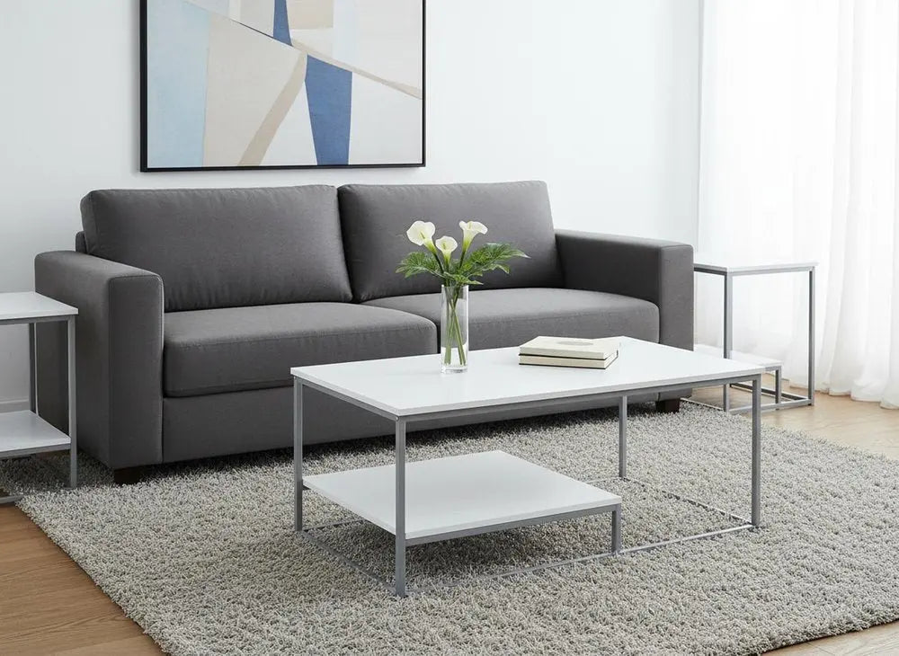 Set of Three 42" White And Silver Metal Coffee Table With Shelf HomeRoots