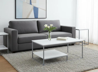 Set of Three 42" White And Silver Metal Coffee Table With Shelf HomeRoots