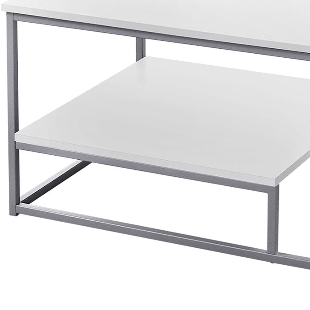 Set of Three 42" White And Silver Metal Coffee Table With Shelf HomeRoots