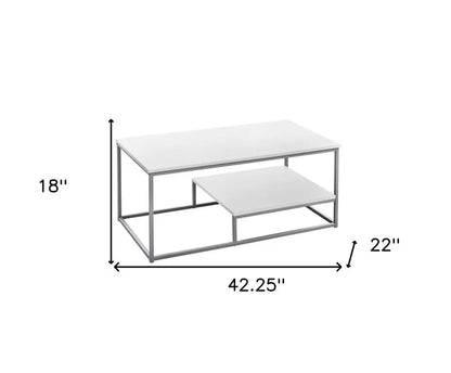 Set of Three 42" White And Silver Metal Coffee Table With Shelf HomeRoots