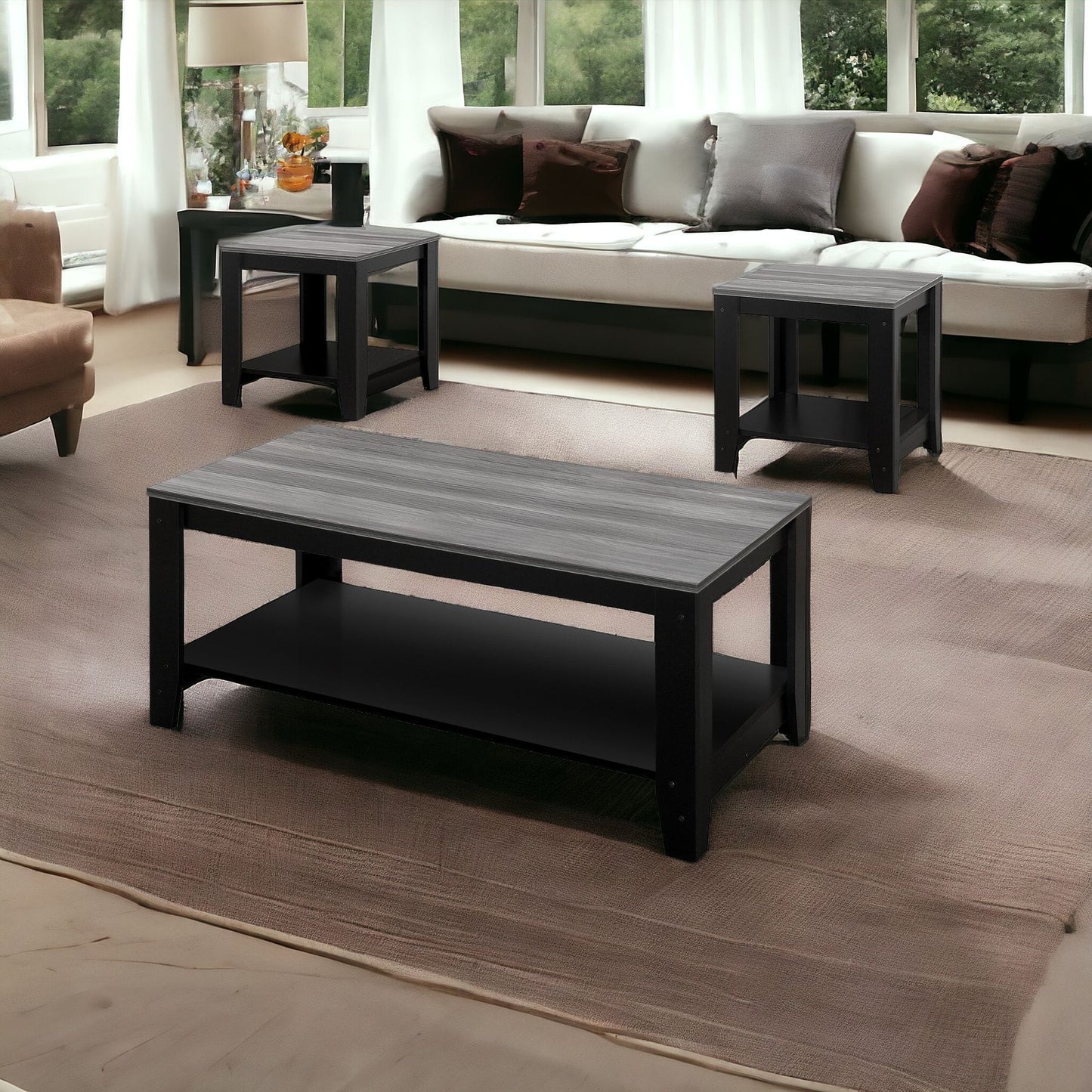 Set of Three 42" Gray And Black Coffee Table With Shelf