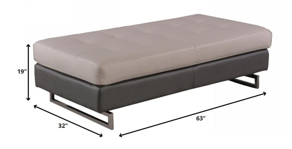 63" Taupe Brown and Silver Faux Leather Tufted Ottoman HomeRoots