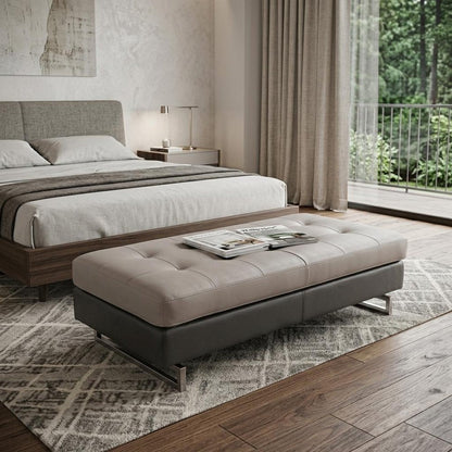 63" Taupe Brown and Silver Faux Leather Tufted Ottoman HomeRoots