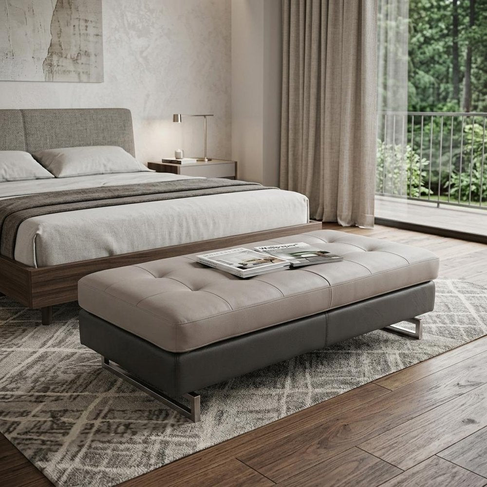 63" Taupe Brown and Silver Faux Leather Tufted Ottoman HomeRoots