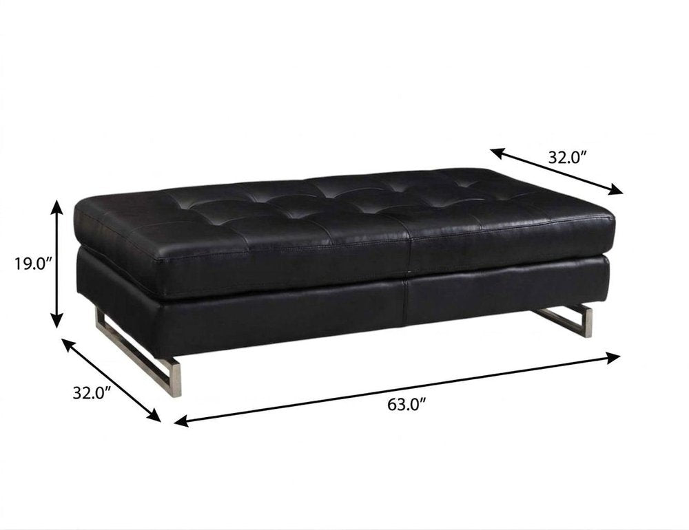 63" Black Tufted Faux Leather and Silver Ottoman HomeRoots