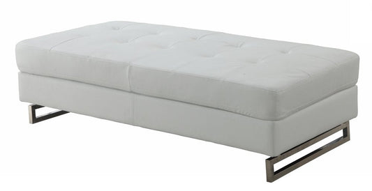63" White and Silver Faux Leather Ottoman