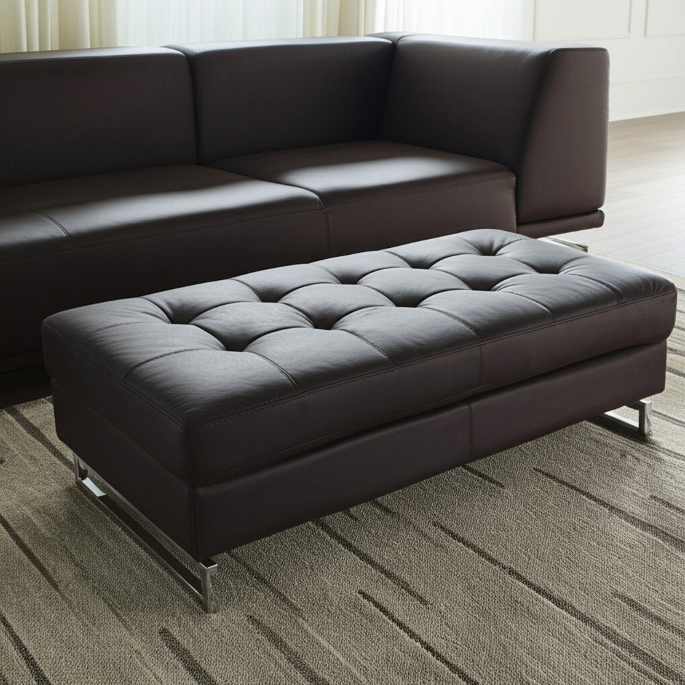 63" Brown and Silver Faux Leather Tufted Ottoman - FurniFindUSA