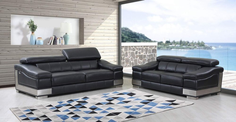 Two Piece Indoor Black Italian Leather Five Person Seating Set HomeRoots