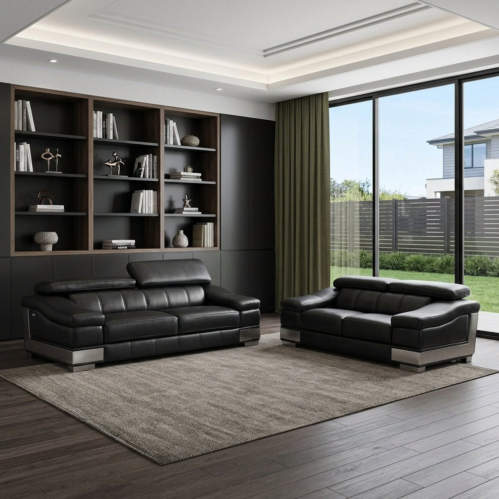 Two Piece Indoor Black Italian Leather Five Person Seating Set HomeRoots