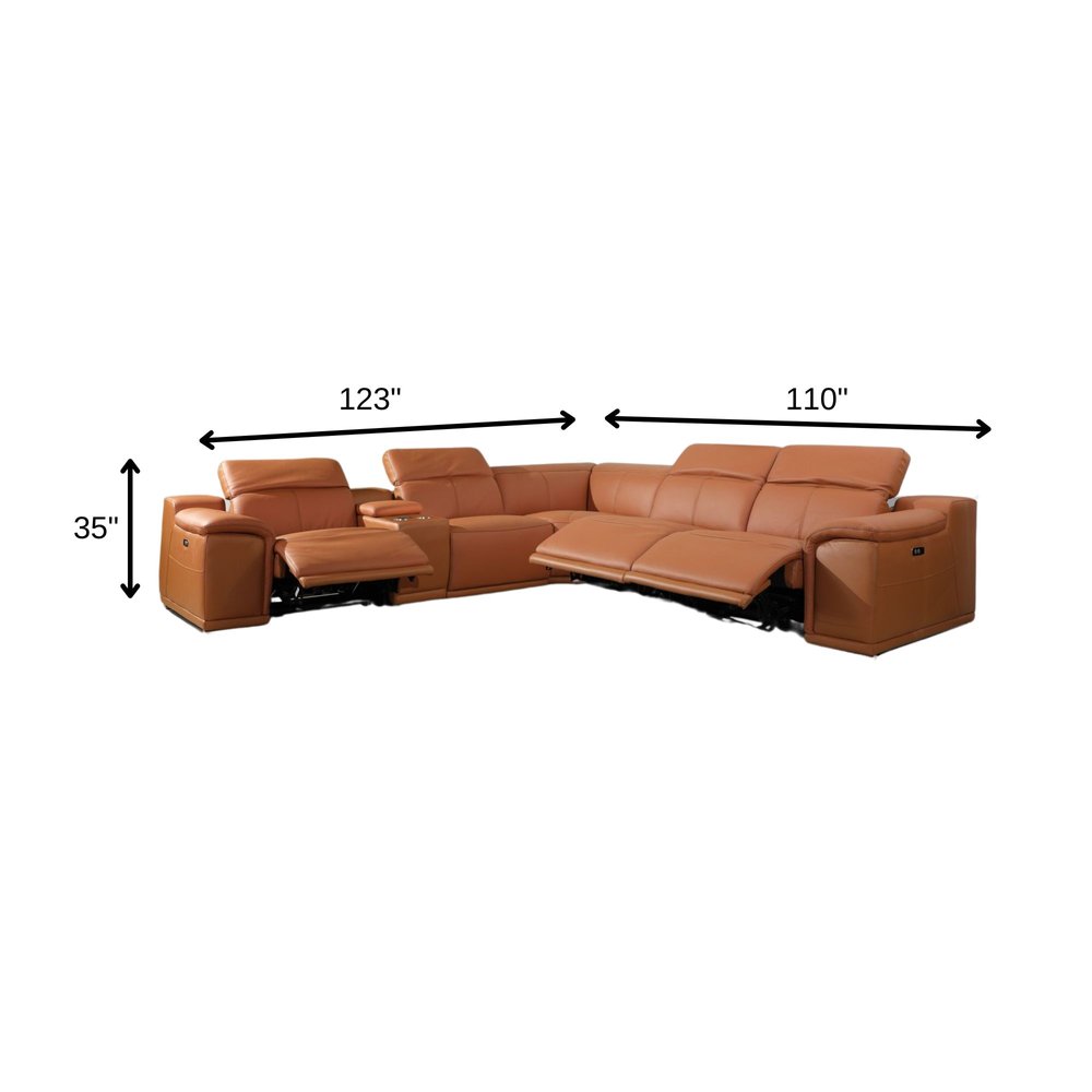 Camel Italian Leather Power Reclining U Shaped Six Piece Corner Sectional With Console HomeRoots