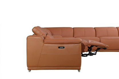 Camel Italian Leather Power Reclining U Shaped Six Piece Corner Sectional With Console HomeRoots