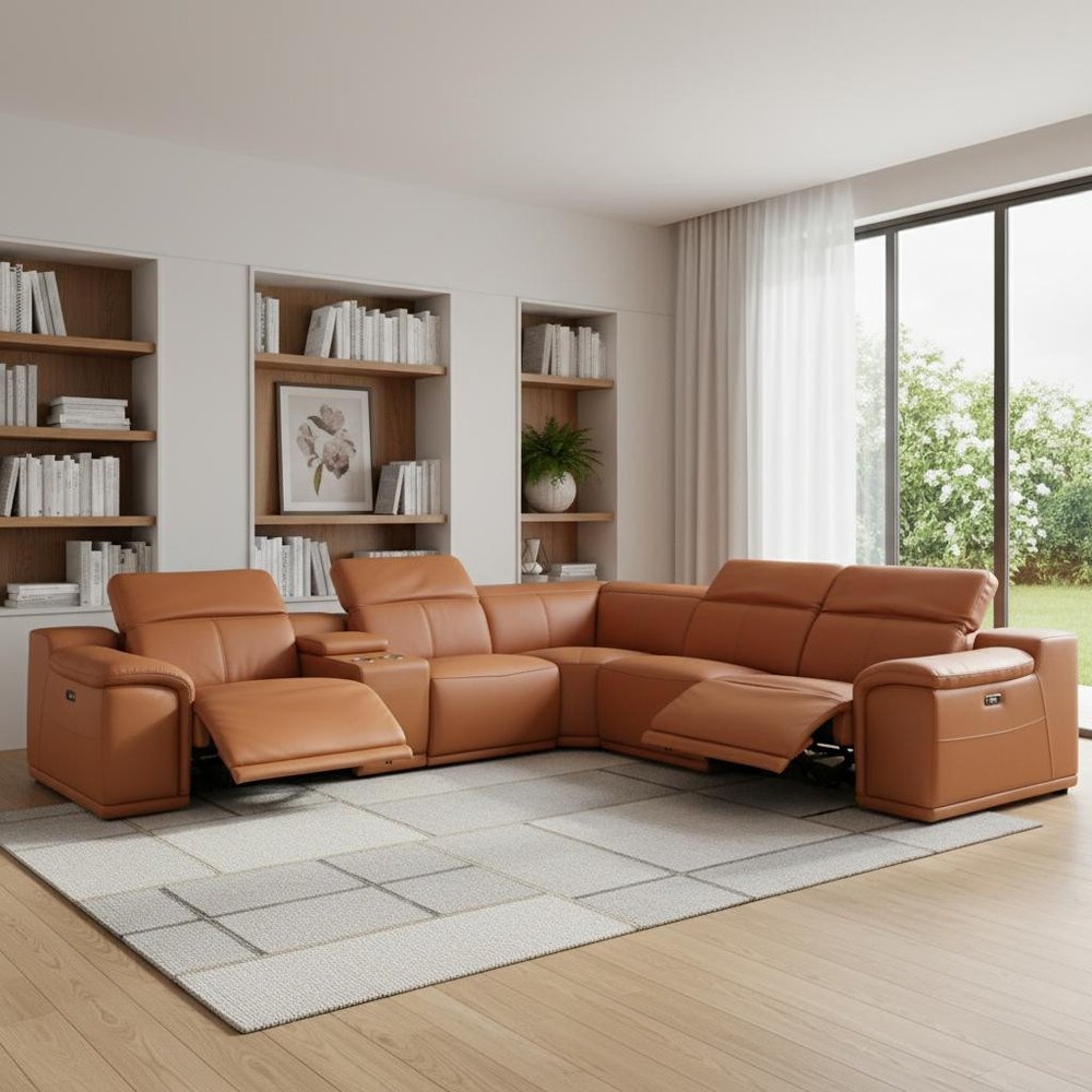 Camel Italian Leather Power Reclining U Shaped Six Piece Corner Sectional With Console HomeRoots