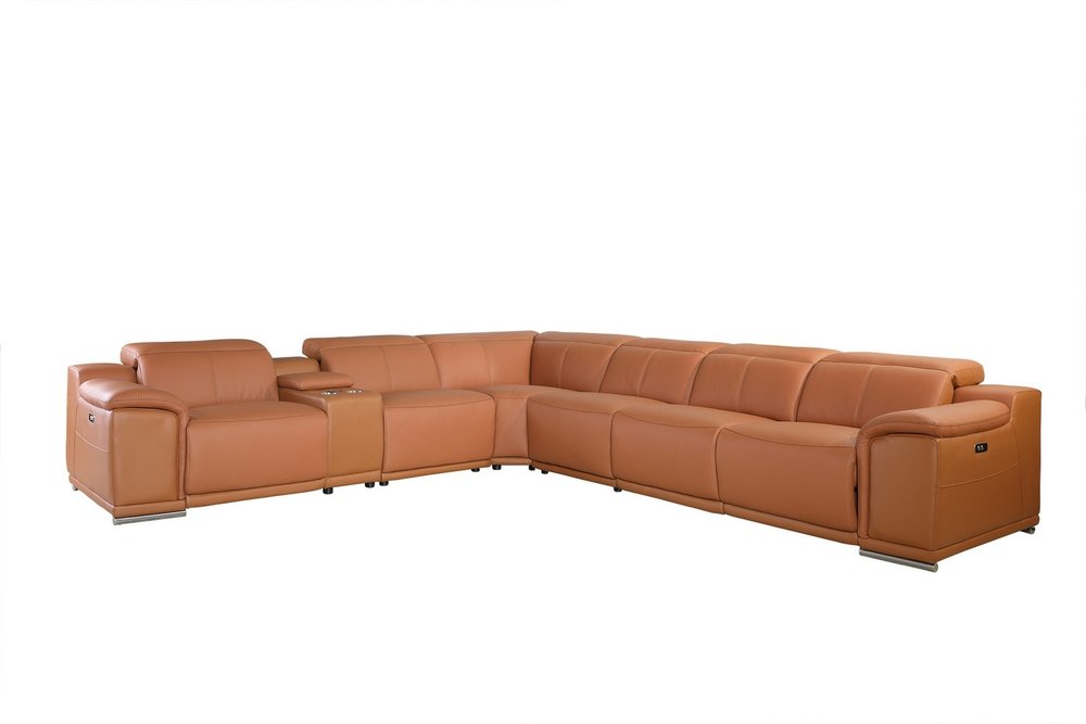Camel Italian Leather Power Reclining U Shaped Seven Piece Corner Sectional With Console HomeRoots