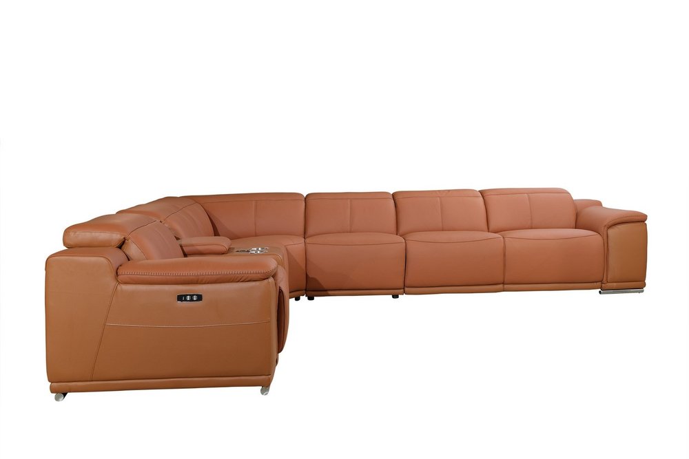 Camel Italian Leather Power Reclining U Shaped Seven Piece Corner Sectional With Console HomeRoots