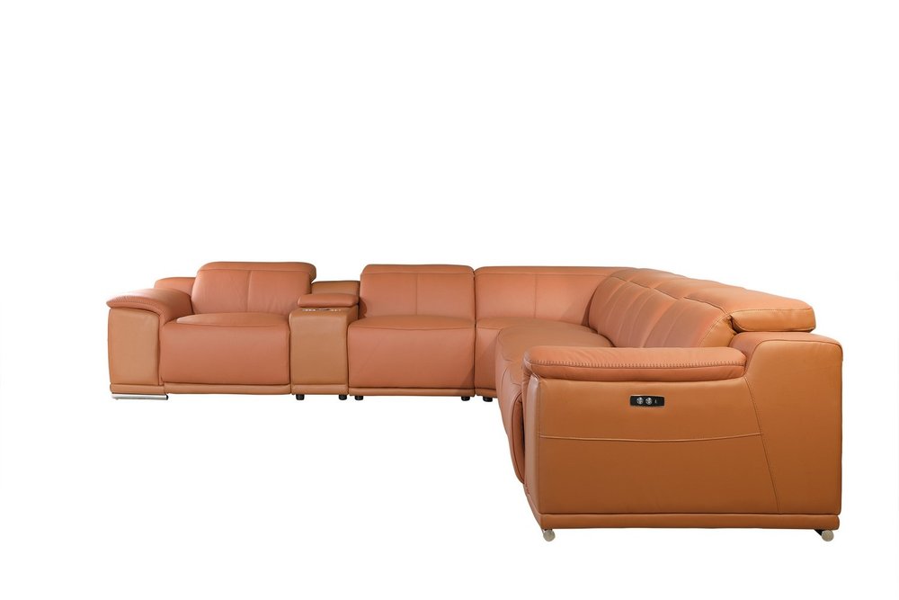 Camel Italian Leather Power Reclining U Shaped Seven Piece Corner Sectional With Console HomeRoots
