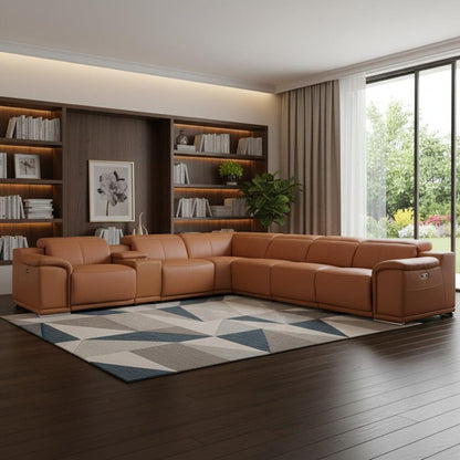 Camel Italian Leather Power Reclining U Shaped Seven Piece Corner Sectional With Console HomeRoots